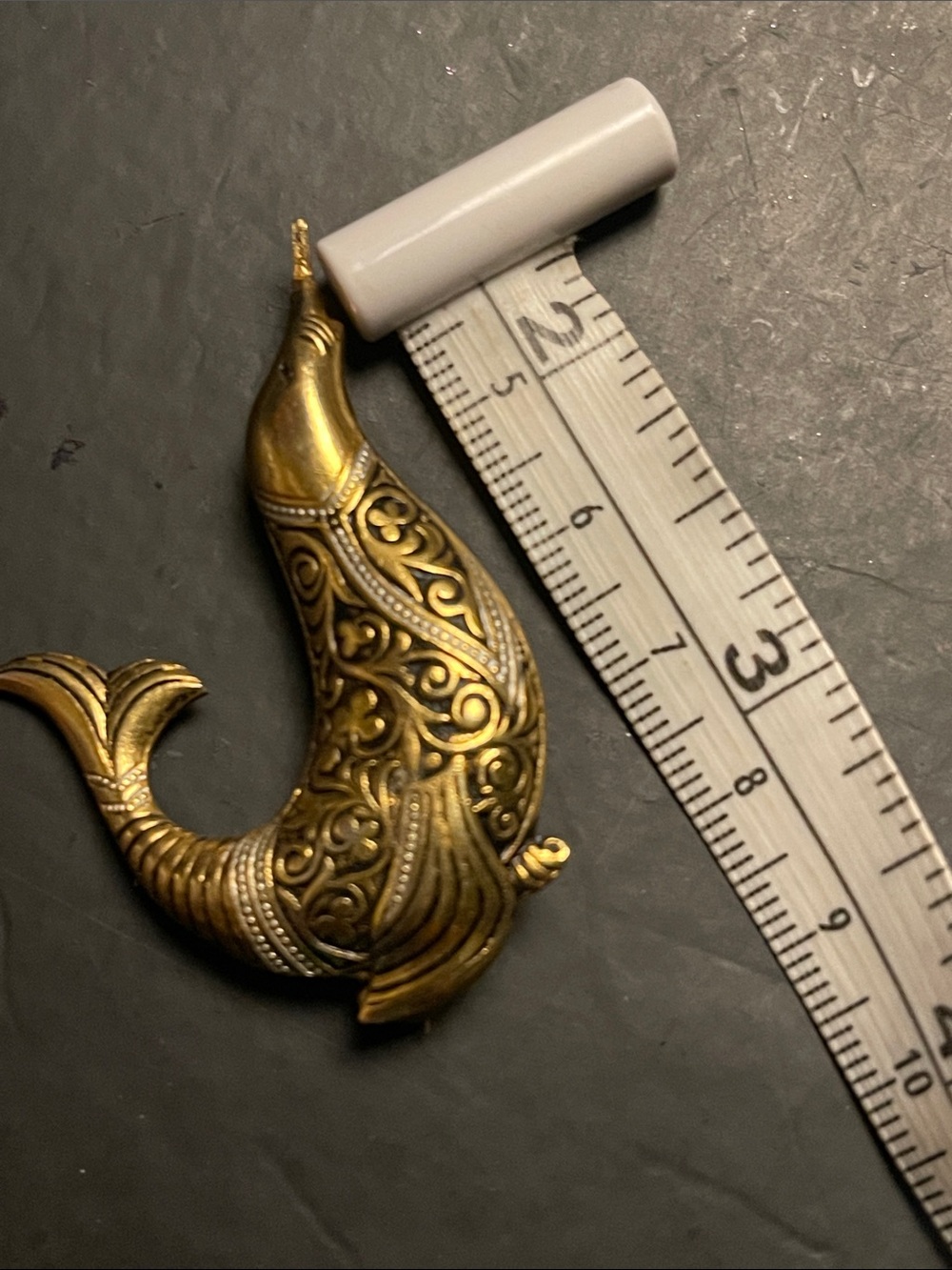 Ornate “Goldtone” and blackDolphin with silver Accent. Sculpture pin/brooch